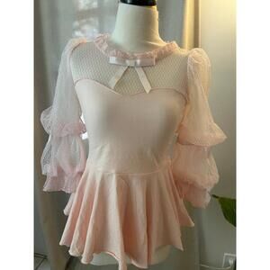 Dabuwawa Pink Princess Puff Sleeve Top Bow Lace Peplum Coquette Fairy DolletteXL